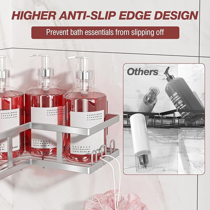 4-Pack Adhesive Corner Shower Caddy with Soap Holder, No Drilling Wall Mounted Shower Shelves-Rustproof, Organizer for Bathroom, Kitchen & Home Decor. Silver