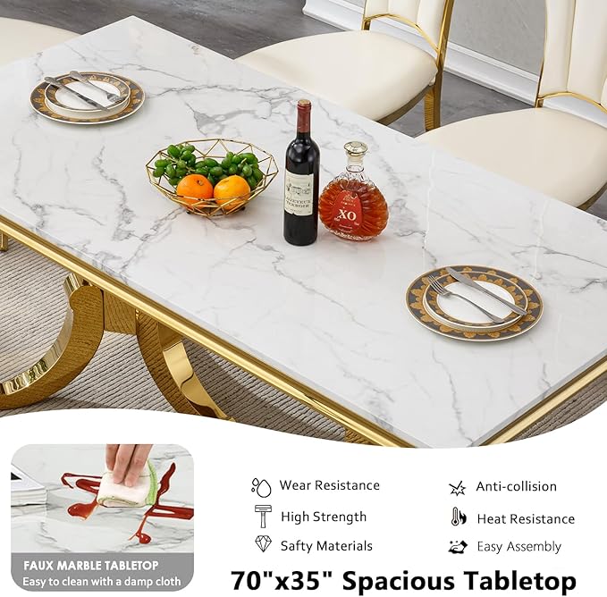 70" Faux Marble Dining Table Set for 6, 7-Piece Dining Set with White Gold Kitchen Table and 6 Velvet Tufted Chairs, Modern Rectangular Dining Room Table with American-Shape Stainless Steel Base