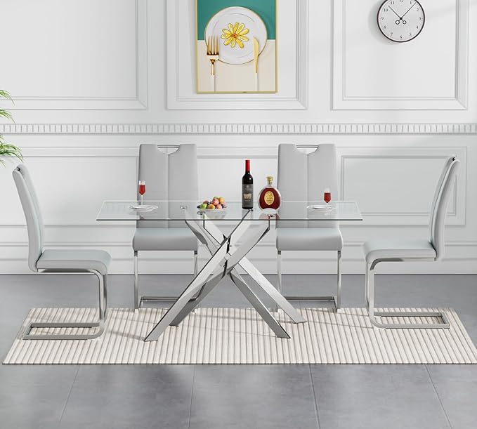 Goujxcy Modern Glass Dining Table Set for 4, Glass Silver Kitchen Table and Chairs Set, 5 Piece Dining Room Table Set with 51" Rectangle Dinner Table and 4 Grey Leather Dining Chairs