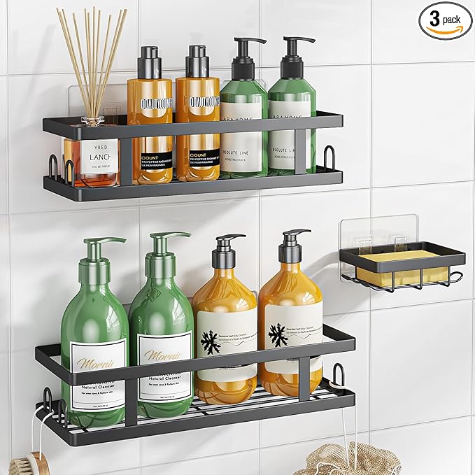 Adhesive Shower Caddy,Shower Shelves with Soap Holder and 12 Hooks,Rustproof No Drilling Bathroom Organizer and Storage,Black,3 Pack