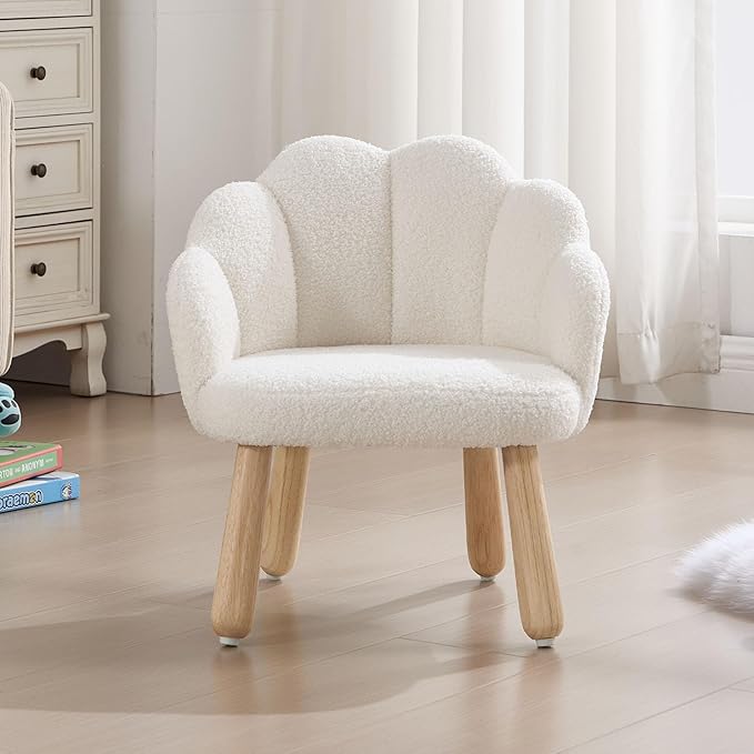 Toddler Chairs, Kid Chairs with Solid Wooden Frame, Toddler Armchair Comfy, Upholstered Kids Chair with Flower Back, Kid Sofa, Toddler Couch for Playroom, Kindergarten & Preschool, White