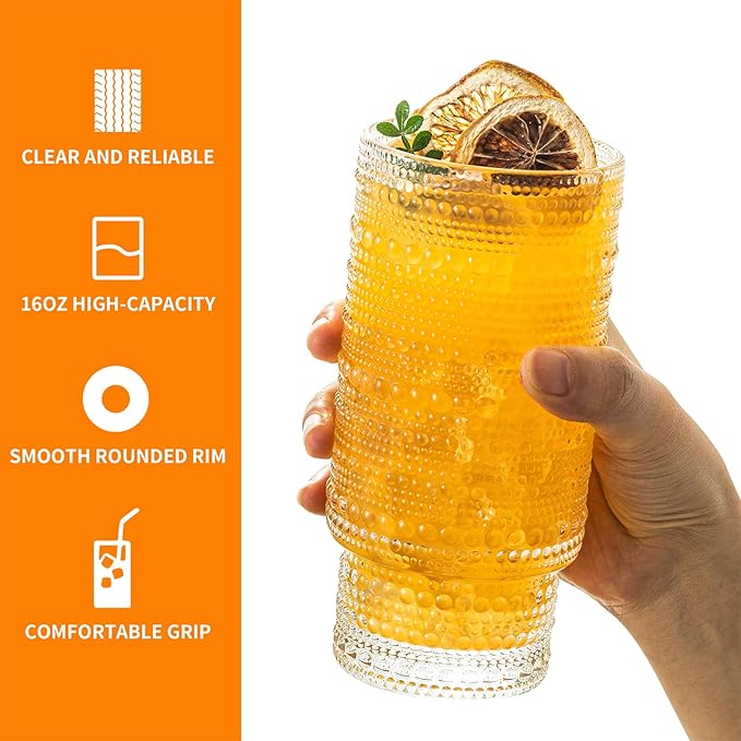 Romantic Highball Drinking Glasses Set of 4, Beaded Glassware, 16oz XL Hobnail Glassware, Vintage Glassware Set, Embossed Vintage Drinking Glasses for Beer, Cocktail, Soda (4PCS-16oz with lid)