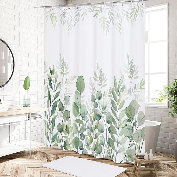 MitoVilla Plant Leaves Long Shower Curtain Set 72 x 78, Green Leaves Fabric Shower Curtains 78 inch Long for Rustic Bathroom Decor, Spring Chic Bathroom Shower Curtain with Hooks