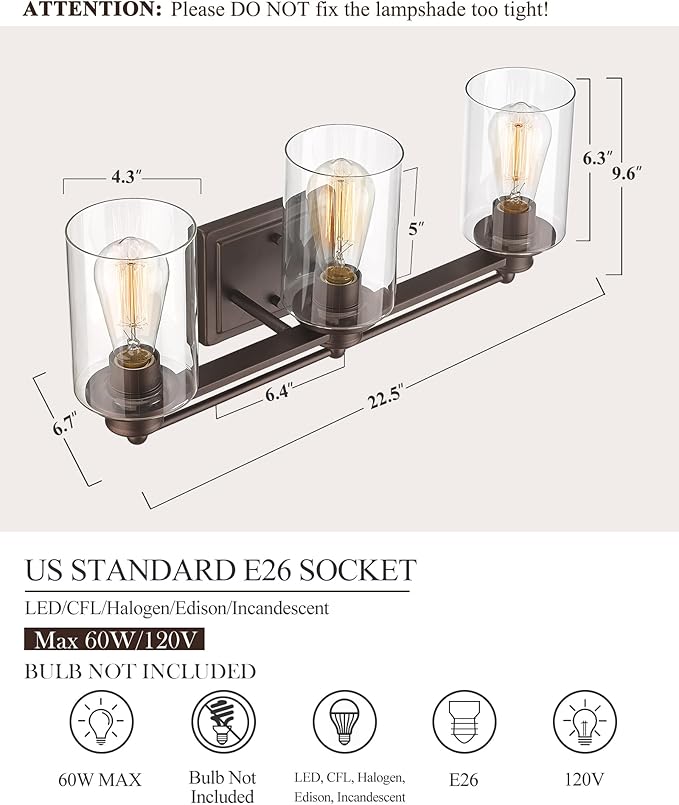 Bathroom Light Fixtures, HWH 3-Light Vanity Light Fixture Over Mirror, Industrial Wall Sconce Lighting, Oil-Rubbed Bronze Finish, 5HLT63B-3W ORB