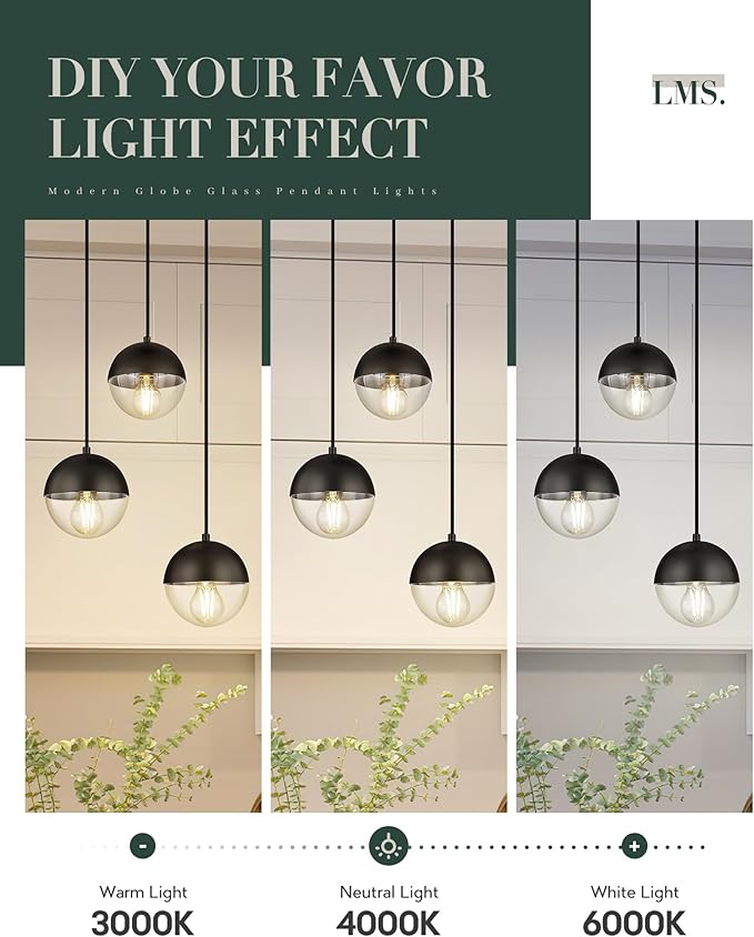 LMS Modern 3-Light Cluster Pendant Lights, Matte Black Kitchen Island Light Fixtures with Clear Globe Glass Shade, Adjustable Hanging Light for Bathroom Bedroom Dining Room Living Room, LMS-186BKC3