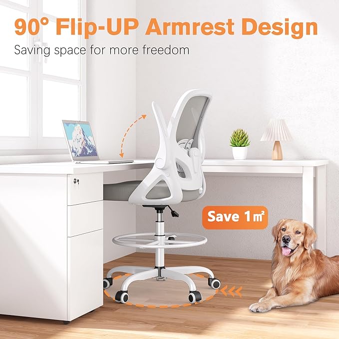 Tall Drafting Chair with Lumbar Support and Footrest Ring, Supportive Tall Extended Height Ergonomic Desk Chair for Home Work, Breathable Mesh Office Chair with Flip up Arms(Gray)