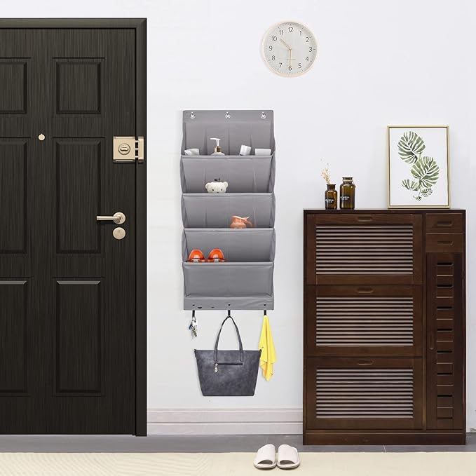 FENTEC 2 Pack Over the Door Shoe Organizer, Hanging Shoe Organizer Rack,24 Large Pockets and 4 Larger Storage Various Compartments with 6 Hooks, Home Accessories, Grey