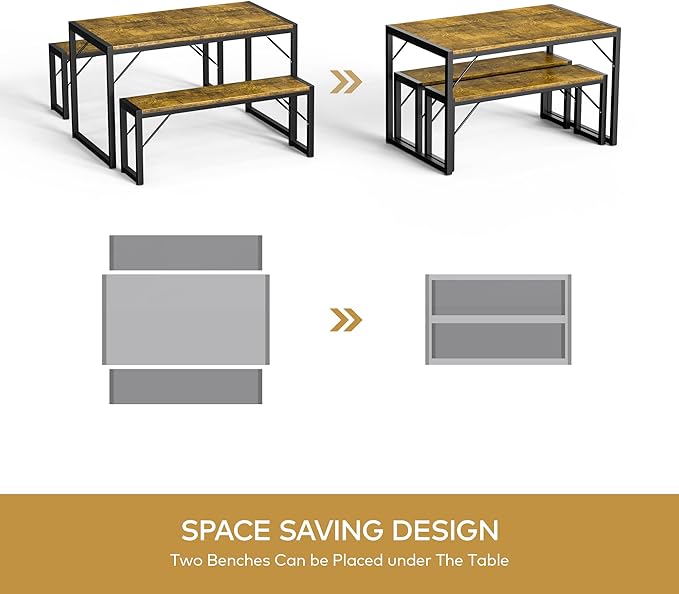 Gizoon 45.5" Dining Table Set for 4 with 2 Benches, Kitchen Table Set with Metal Frame & MDF Board, Space-Saving Dinette for Kitchen, Dining Room -Retro