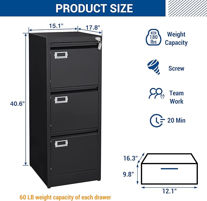 Vertical File Cabinets - 3 Drawers 17.8" Deep Lockable Filing Cabinet - Metal Storage Cabinets for Home Office to Hanging Files Letter/Legal/F4/A4 Size