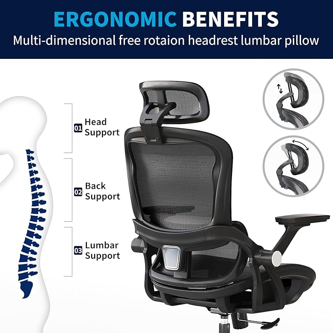 Monhey Office Chair Ergonomic Desk Chair with Lumbar Support&Headrest&Flip-up Arms Height Adjustable Rocking Swivel High Back Computer Chair Warm Taupe Mesh Study Chair (04black)