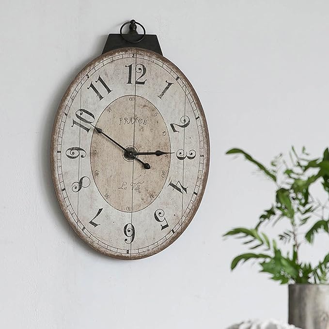 18" x 29" Rustic Farmhouse Oval Wall Clock, Solid Wood Silent Non-Ticking, Battery Operated Decorative Clock for Living Room, Kitchen, Bedroom, Office and Home Decor