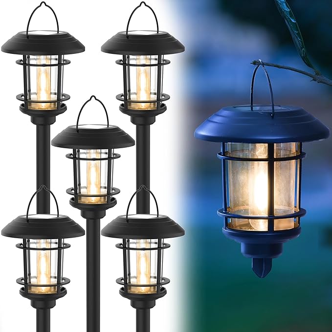 Dynaming 6 Pack Dual Use Solar Path Lights Outdoor, Hanging Lantern Solar Garden Lights with Edison Bulb, Landscape Lighting, Waterproof & Auto On/Off for Patio Pathway Walkway Driveway, Warm White