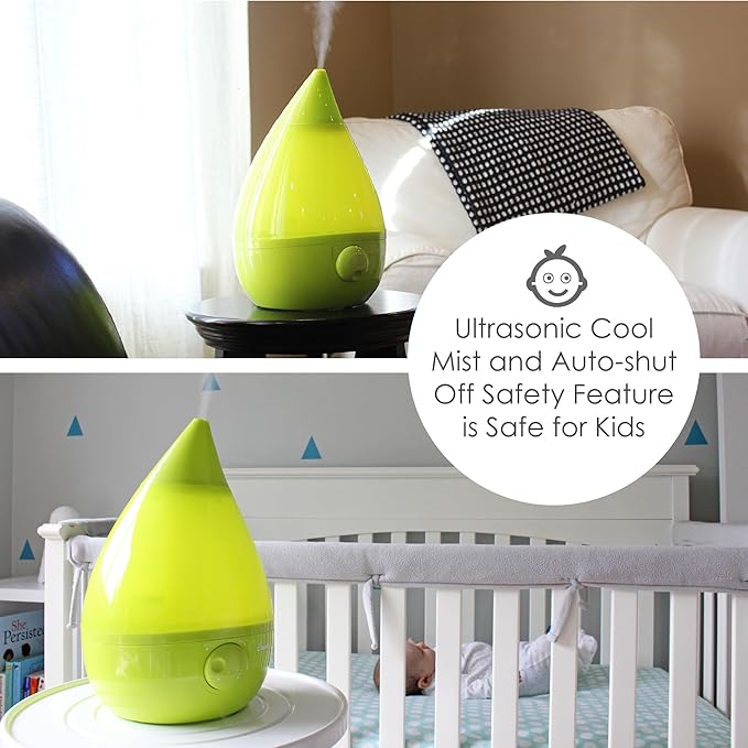 Crane Drop Ultrasonic Cool Mist Humidifier, 1 Gallon Teardrop with Auto Shutoff for Baby Nursery, Bedroom, Office, Plants, Green