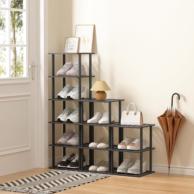 6-Tier Free Standing Shoe Racks, Bamboo Wood Shoe Rack for Entryway & Closet, Beautiful | Natural | Functional | Sturdy Shoe Rack Small Shoe Shelf for Small Spaces and Narrow Spaces Black