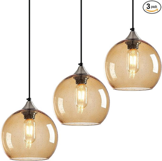 Light Brown Glass Pendant Lights Kitchen Island Lighting Globe Pendant Light Fixtures Modern Pendant Lighting for Bedroom Living Dining Room Light Fixture (7.87 in, 3 Pack)