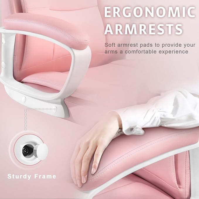 LEMBERI Pink Office Desk Chair, Big and Tall Managerial Executive Chair, High Back Computer Chair, Ergonomic Adjustable Height PU Leather Chairs with Cushions Armrest for Long Time Sitting