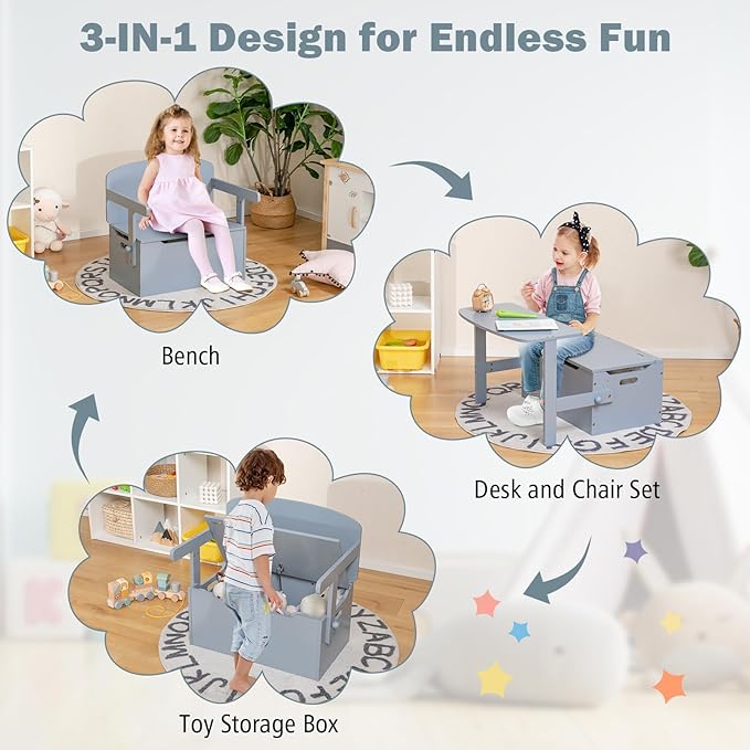 Costzon Kids Table and Chair Set, Convertible Toy Storage Bench with Built-in Handle for Kindergarten, Preschool, Kids Room, Playroom, Wood Reading Nook for Toddler Boys Girls Ages 3 to 7 (Grey)