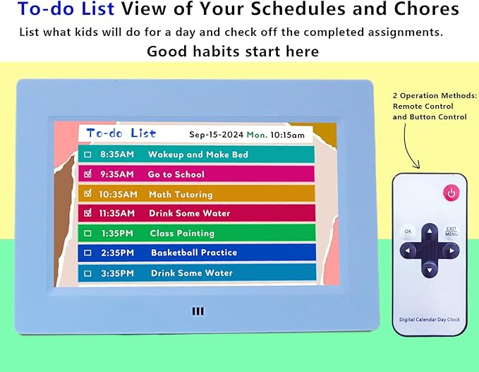 MASSII 2025 Digital Teaching Clock Talking Time, 24 Alarms Custom Reminders, Checklist to-Do List, Auto DST & Calendar Display, Sleep Trainer, Easy to Use for Kids Birthday Gift- Blue with Remote