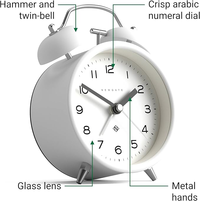 NEWGATE® Charlie Bell Echo Alarm Clock | Modern take on Classic Twin Bell Clock | White | Easy to Read Numbers | Ideal for Bedside, Desk or Shelf | Modern Retro Bedroom & Office Accessory