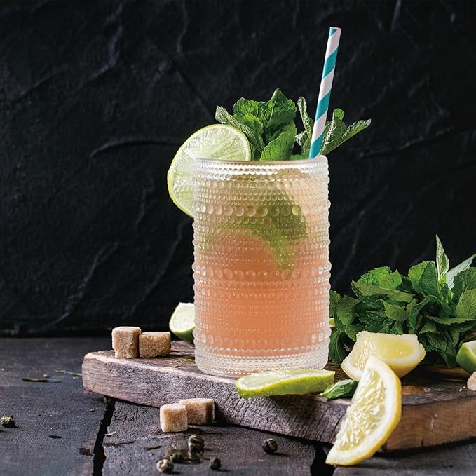 Hobnail Drinking Glasses Set of 6, Vintage Colored Glassware 14.5oz, Tall Beverage Glass Cups for Water, Juice, Cocktail (Clear)