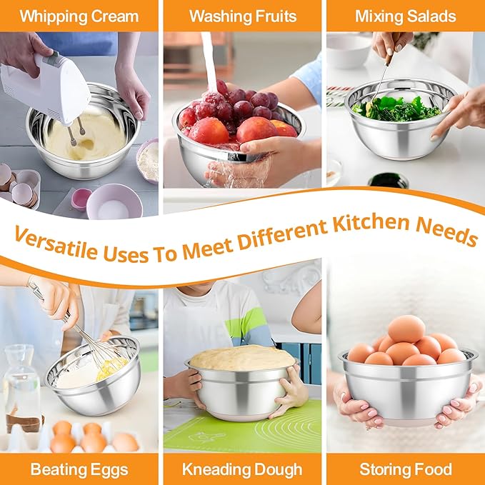 TeamFar Mixing Bowls, 5PCS Stainless Steel Serving Salad Bowls with Lids, For Kitchen Mixing/Baking/Storing/Prepping, Visible & Airtight, Non-Slip Bottom - 4.6/3.5/1.5/1 / 0.7 QT, Khaki