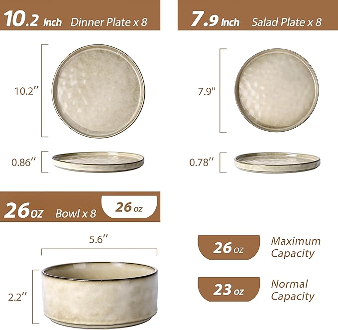 LIANYU Dinnerware Dish Set for 8, 24 Piece Stoneware Plates and Bowls, Ceramic Tableware Sets Includes Dinner Salad Plates, Cereal Bowls, Chip & Scratch Resistant, Sandy Beige