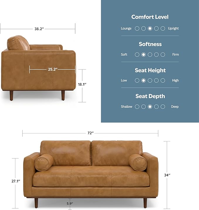 SIMPLIHOME Morrison 72-inch Wide Sofa in Sienna Top Grain Genuine Leather, Mid-Century Modern-Style Loveseat for Living Room, Single Bench Cushion, Removable Back Cushions, 2 Bolster Pillows