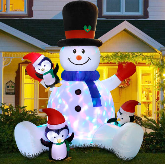 7Ft Christmas Inflatable Seated Snowman with 3 Penguins,Built-in Colorful Rotating RGB LED Lights,Xmas Inflatable Outdoor Decorations for Patio Lawn Yard Garden