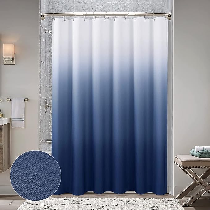 96 inch Blue Shower Curtains for Bathroom, Ombre Textured Fabric Long Shower Curtain Set with 12 Hooks, Machine Washable, Navy Indigo Blue Bathroom Decor 72 x 96 Extra Long