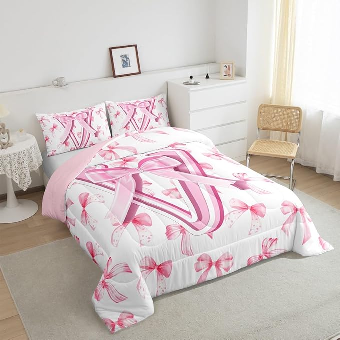 jejeloiu Kids Girls Cute Pink Bow Comforter Set King Size Monogrammed Bedding Set Ultra Soft Personalized Initial V Duvet Quilt Coquette Bow Knot Quilt Set Room Decor Modern Fashion Comforter