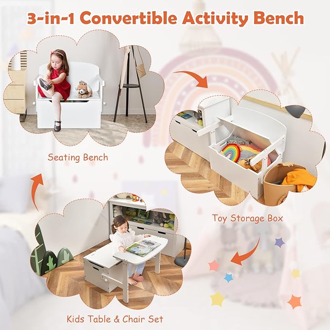 HONEY JOY Kids Table and Chair Set, 3-in-1 Convertible Wooden Toy Storage Bench with Handle, Toddler Furniture Set for Daycare Playroom, Gift for Boys Girls 3+ (Pure White)