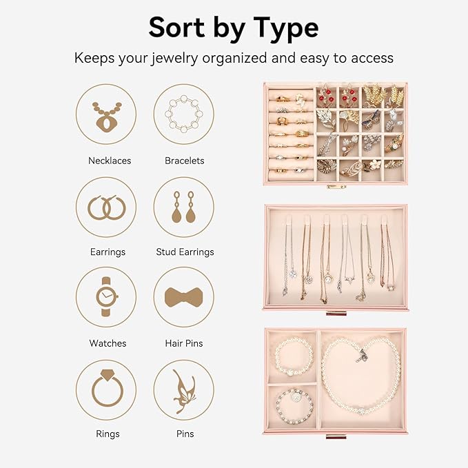 Voova Jewelry Box Organizer for Women Girls, 3 Layer PU Leather Jewelry Storage Case with Glass Lid & 2 Drawers, Large Jewellery Display Holder for Necklaces Rings Earrings Bracelets, Pink