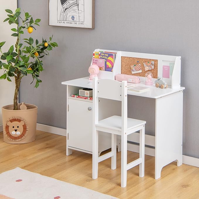 Costzon Kids Desk and Chair Set, Wooden Children Study Table with Storage, Hutch, Cork Bulletin Board, Whiteboard & Marker, Student Computer Workstation Writing Desk for Kids Bedroom, School, White