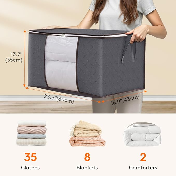 Lifewit 90L Large Storage Bags, Closet Organizers and Storage, Clothes Storage Bins with Lids, Foldable Storage Containers with Reinforced Handles for Clothing, Blanket, Bedding, Comforter 3 Pack Gray