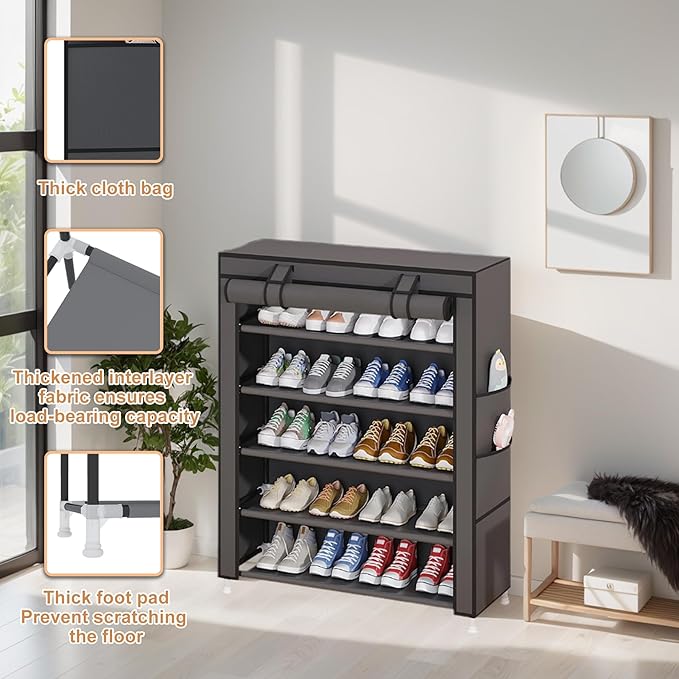 Laiensia 5-Tier Vertical Shoe Rack Organizer, Space Saving Shoe Storage Organizer, Non-Woven Cover Shoe Shelf Holds 20-25 Pairs for Bedroom, Hallway, Closet Entryway, Grey
