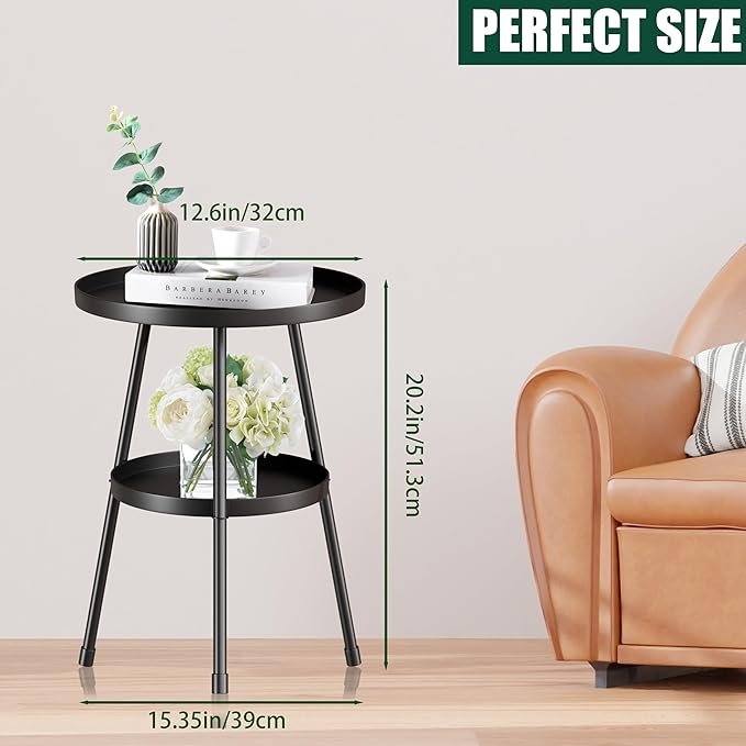 Small Side Table Round 2 Tier End Table Metal Round Coffee Tables Nightstand for Small Spaces Indoor Outdoor and Living Room Bedroom or Office