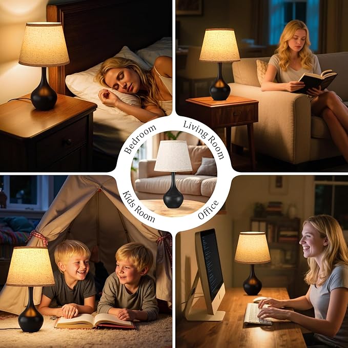Seealle Touch Table Lamp for Bedroom, 3-Way Dimmable Small Bedside Lamps for Night Stands with Wires, Black Desk Lamp for Kids Room, Office, Living Room, End Table(LED Bulb Included)