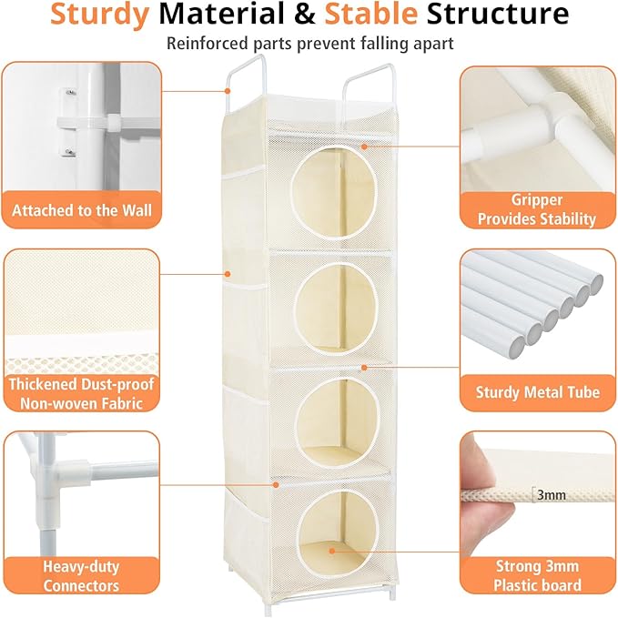 Stuffed Animal Storage, 5 Tier - 8 Side Pockets Toy Storage Organizer, 63.8" Space-Saving Corner Storage for Kids' Bedroom & Playroom, Ivory