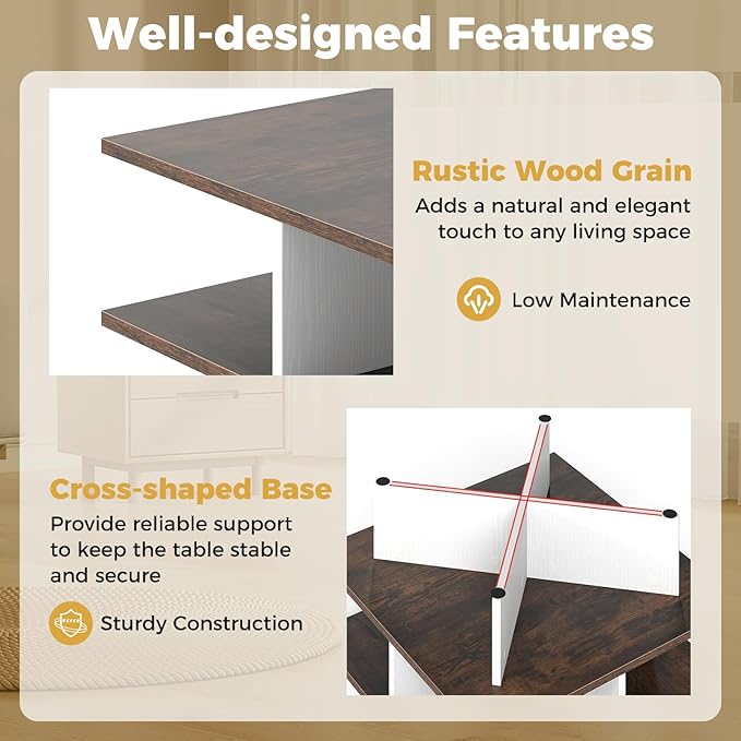 GOFLAME Farmhouse Coffee Table with Storage, 2-Tier Square Center Table with 4 Storage Compartments & X-Shape Base, Modern, Wood Tea Tables for Living Room, Lounge, Rustic Brown + White