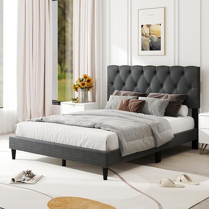 Giantex Full Size Platform Bed Frame, Modern Upholstered Bed Frame with Diamond Tufting Headboard, Wooden Slats Support, No Box Spring Needed, Gray
