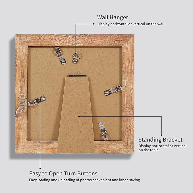 6x6 Picture Frame Set of 4 with Real Glass, Rustic Brown Frames Display 4x4 Picture with Mat or 6 x 6 Without Mat, Square Photo Frame for Wall Mount and Tabletop Display