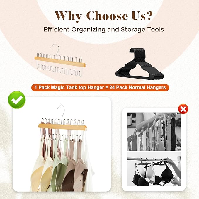 HOUSE DAY Closet Organizers and Storage, Tank Top Hangers, Rotatable Bra Organzier for Closet, Max 24 Storage Capacity Sport Bra Holder, Wood Space Saving Hanger 1 Pack - Dorm Room Essentials