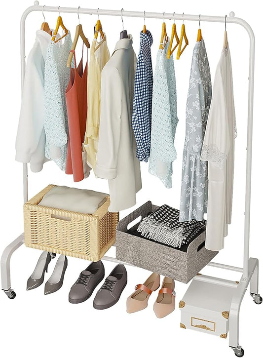 JIUYOTREE Metal Clothing Rack with Wheels, 43.3 Inches Rolling Clothes Garment Coat Rack with Bottom Shelf, Clothing Rack for Hanging Clothes, Coats, Skirts, Shirts, Sweaters, White