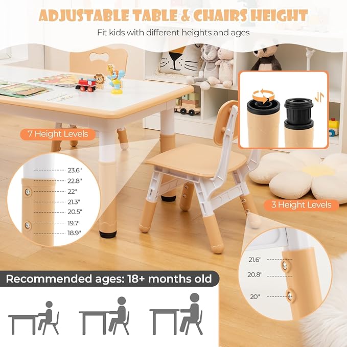 HONEY JOY Kids Table and Chair Set, Height Adjustable Children Activity Table and 4 Chairs Set w/Erasable Graffiti Desktop, Toddler Table and Chair Set for Daycare, Classroom, Home (Natural)