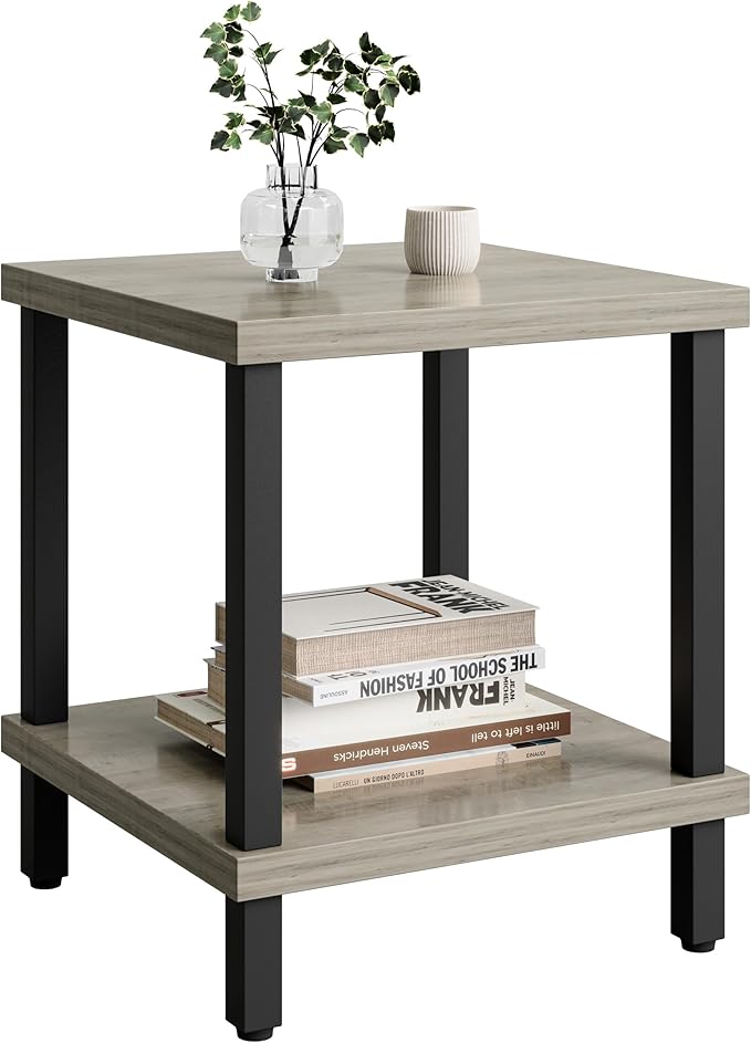 Large End Table Square Side Table Modern Sofa Table 20 Inch Industrial Coffee Table NightStand with 2-Tier Storage Shelf for Living Room Bedroom Oak Grey MLBZ06Z