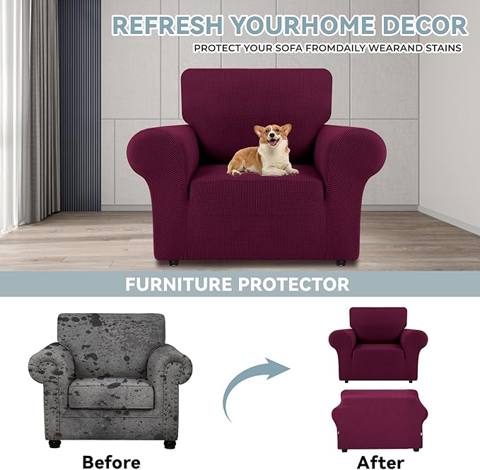 LURKA Stretch Chair Sofa Slipcovers 1 Piece Couch Covers for Sofa Furniture Protector Full Sofa Covers with Elastic Bottom for Kids and Dog (Small, Wine)