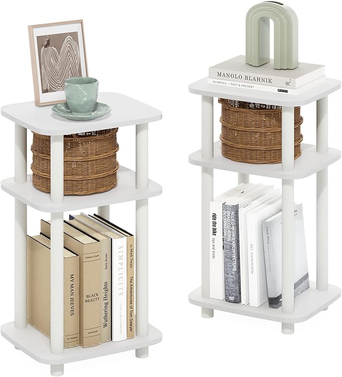 Furinno Just 3-Tier Turn-N-Tube Curve End Table, Side Table, 2-Pack, White/White