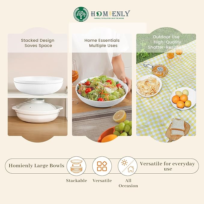 Homienly Wheat Straw Bowls,Large Salad Bowls Set of 2,Big bowls 60 OZ, Unbreakable Serving Bowls, Bowl Plates, Microwave & Dishwasher Safe Bowl Set for Outdoor, Kitchen, Serving, Camping (White)