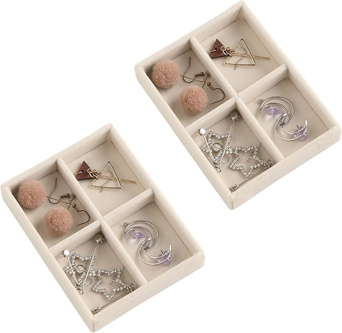 Frebeauty Small Jewelry Tray Set,Stackable Velvet Jewelry Organizer Tray,Mini Jewelry Drawer Organizer,Drawer Inserts,4.92 x 3.74 x 0.9 Inches,4 Grid Earring Organizer for Women(Set 2,Beige)