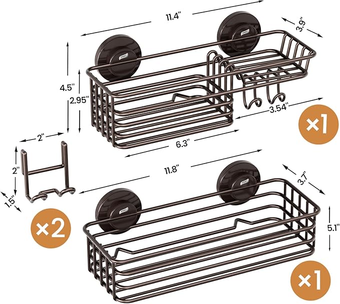 LEVERLOC Shower Caddy Suction Cup, 2 Pack Shelves for Inside with Hooks and Soap Holder, NO-Drilling Bathroom Holder, Rustproof Meatl Bathroom Organizer, Brown